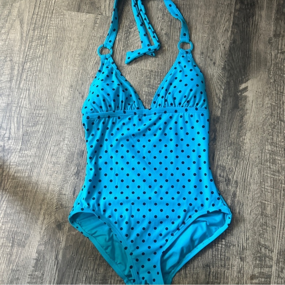 DKNYC Blue and Black One Piece Swimsuit with Halter Neck